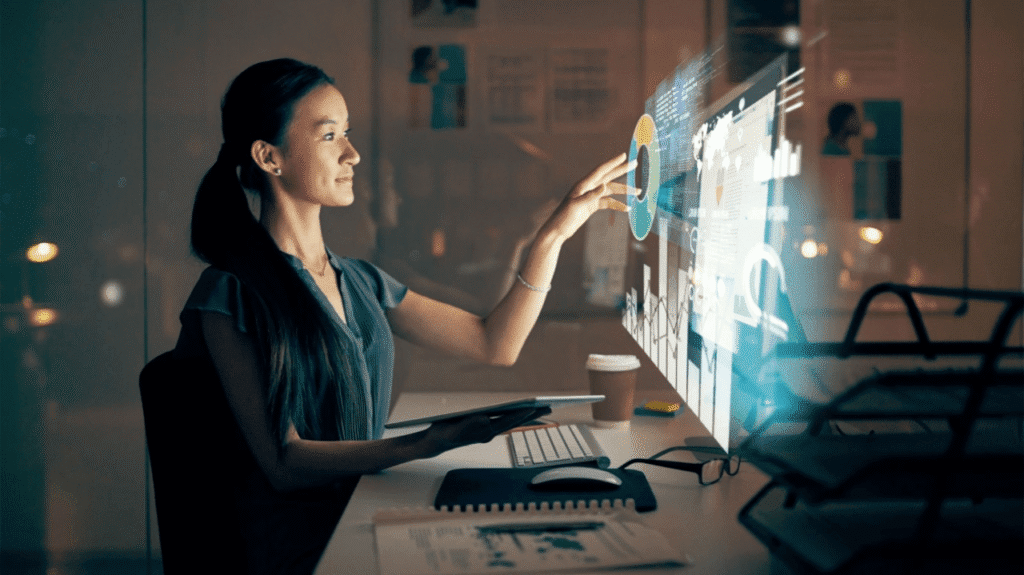  Diverse workforce collaborating in a technology-integrated future workplace.