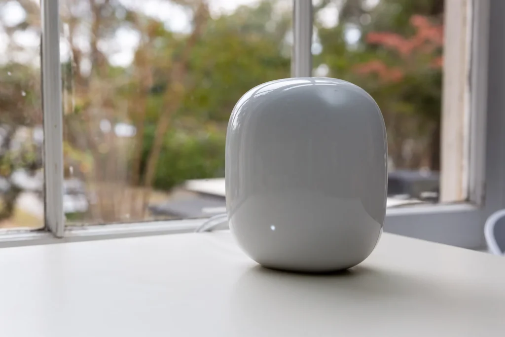 Google Nest & Home Devices Review – Smart Living Simplified? Google Nest Wifi router and satellite points, illustrating seamless whole-home Wi-Fi coverage for a smart home.