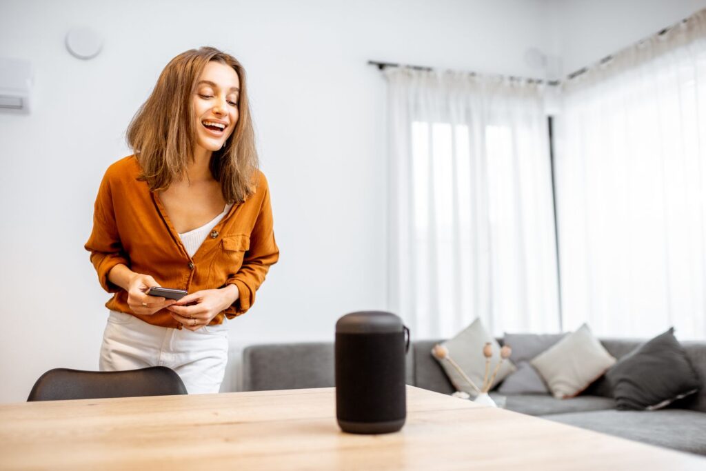 Amazon Echo smart speaker seamlessly integrated into a modern home environment, showcasing voice control capabilities.