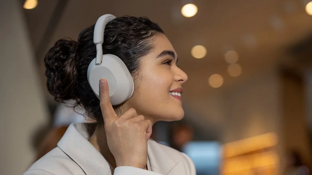 Sony WH-1000XM5 headphones showcasing their redesigned earcups and comfortable headband for extended wear.