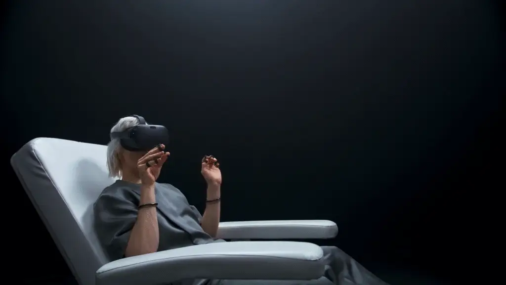 Person meditating peacefully in a dynamic, abstract setting, symbolizing calm reflection amidst technological acceleration.