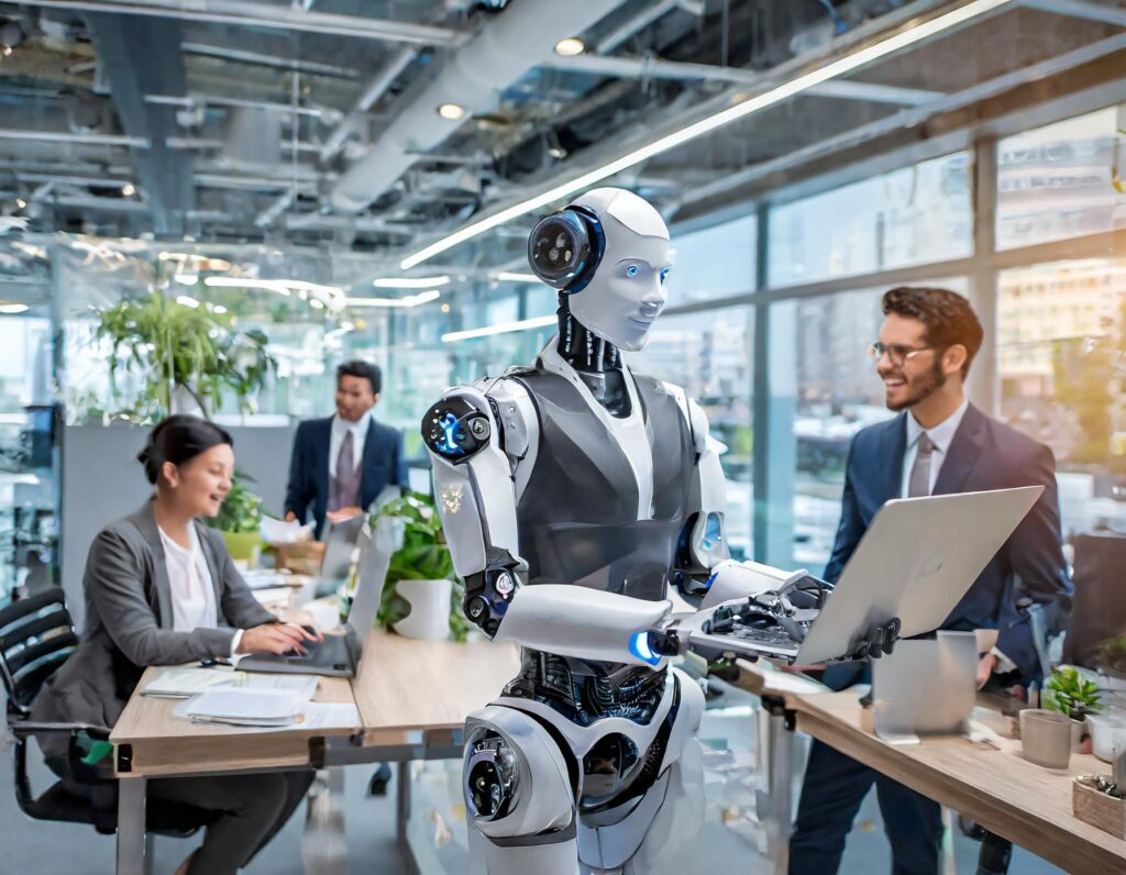 Human and AI collaboration in the workplace, showcasing the future of work.