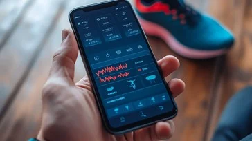 A smartphone screen displaying a health and fitness app dashboard with graphs and metrics for heart rate, sleep, and activity levels