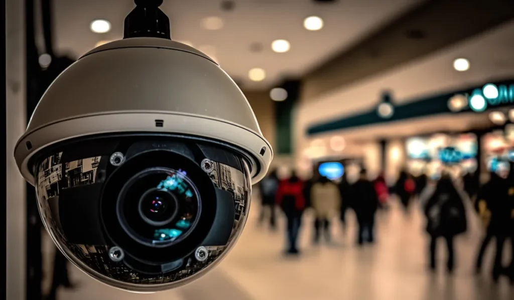  Close-up of an AI-powered security camera lens with digital overlays highlighting object recognition (person, pet, package).