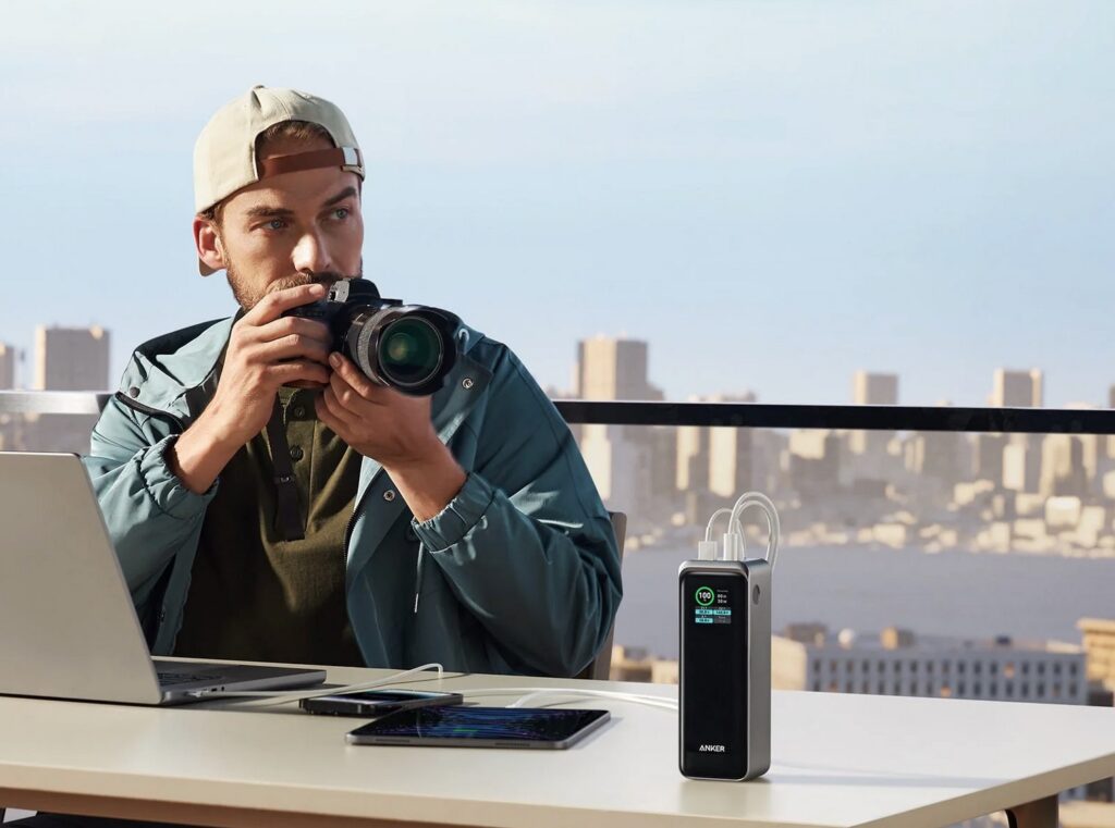 Anker Prime power bank with a clear digital display showing charging status