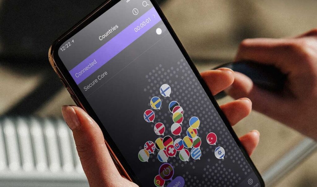 smartphone screen displaying the ProtonVPN app with a "Quick Connect" button and a limited number of server locations visible, highlighting the free plan's simplicity.