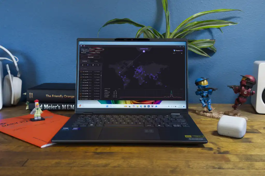 A visual representation of a secure VPN tunnel, showing data encrypted and routed through multiple servers, with icons representing features like NetShield and Secure Core, symbolizing the enhanced protection of paid plans