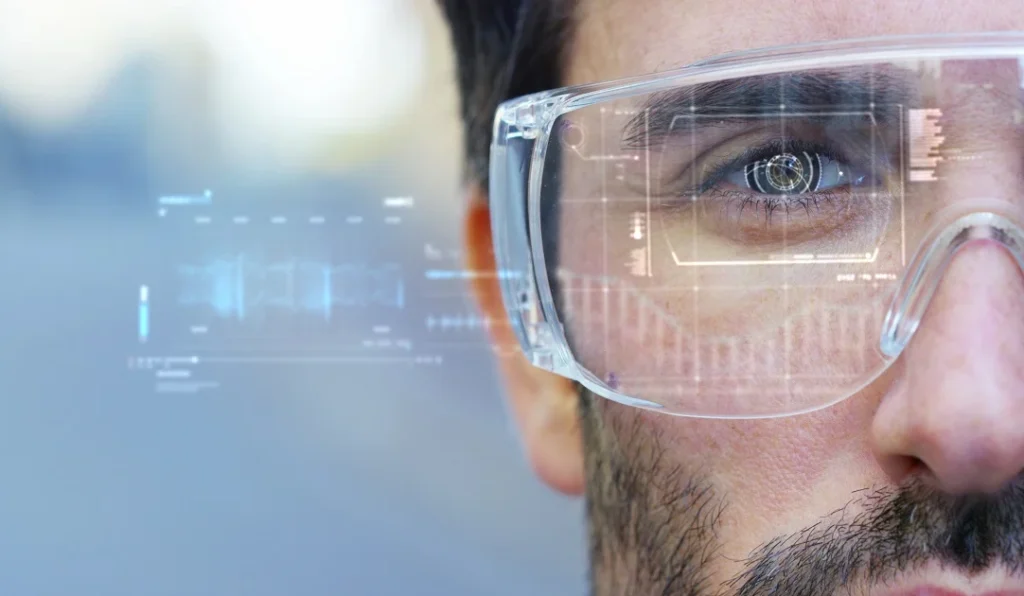 Person wearing smart glasses for augmented reality