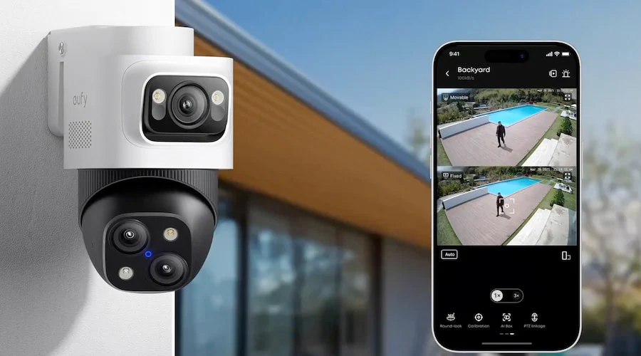  A futuristic smart home with security cameras visible, demonstrating AI integration