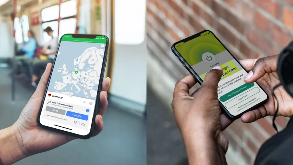 Side-by-side screenshot of ExpressVPN and NordVPN desktop application interfaces, highlighting their design and quick-connect buttons.)