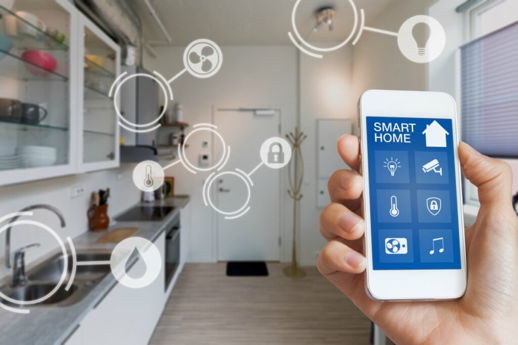 A smartphone screen displaying a home security app connected to various smart devices (lights, locks, thermostat).