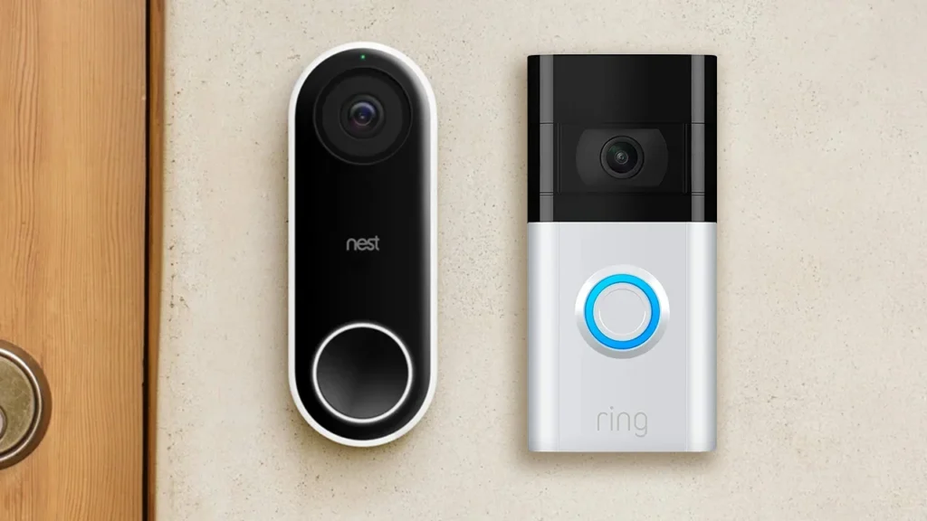 Ring vs. Google Nest: Which Smart Doorbell is Best in 2025? Side-by-side image comparison of Ring vs Google Nest doorbell fields of view, highlighting the vertical aspect ratio of the Nest doorbell for package detection.