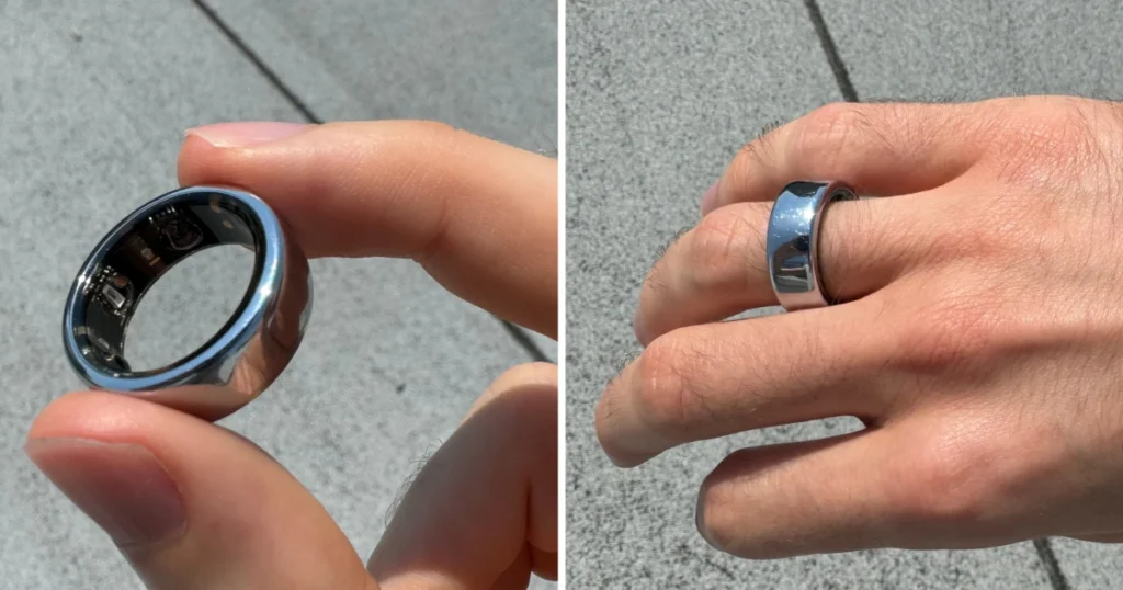  Oura Ring 4 AI health tracker on a hand with a data overlay.