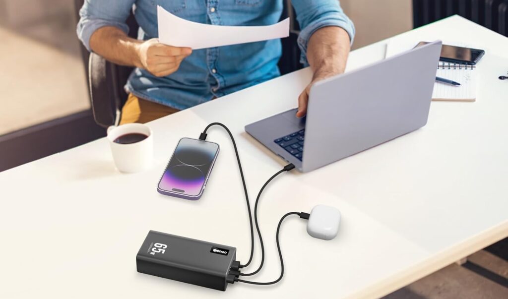 Close-up of a smartphone screen showing a fast-charging icon, with a USB-C cable connected to a power bank, illustrating rapid charging technology