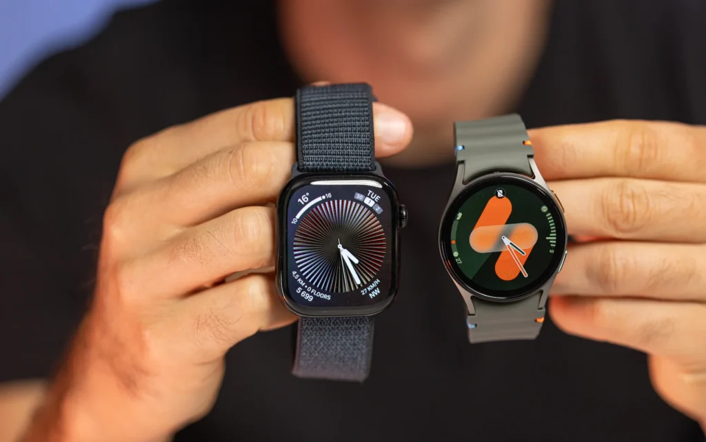 Side-by-side comparison of the Apple Watch Series 10 and Samsung Galaxy Watch 8 on wrists