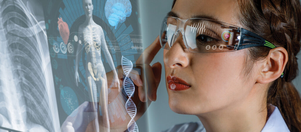 Futuristic smart Future Tech glasses equipped with augmented reality (AR) features, displaying digital overlays in the user's field of vision