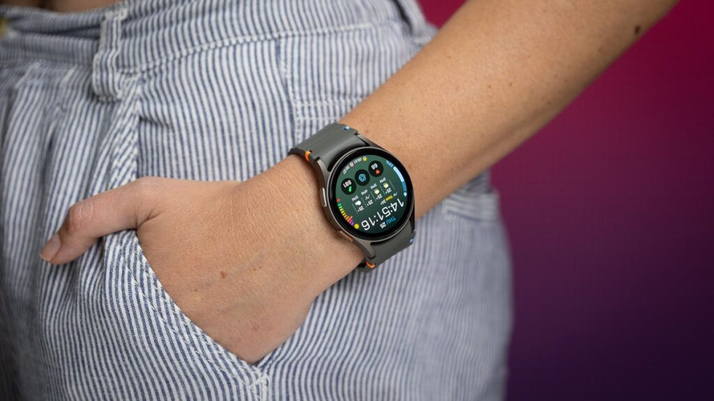 Close-up of Samsung Galaxy Watch 8 display showing detailed health tracking data and metrics.")
