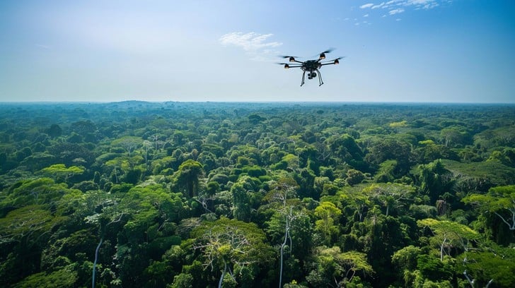 A top-down view of a lush green forest with sun rays peeking through the canopy, taken with a DJI Mavic 4 Pro drone