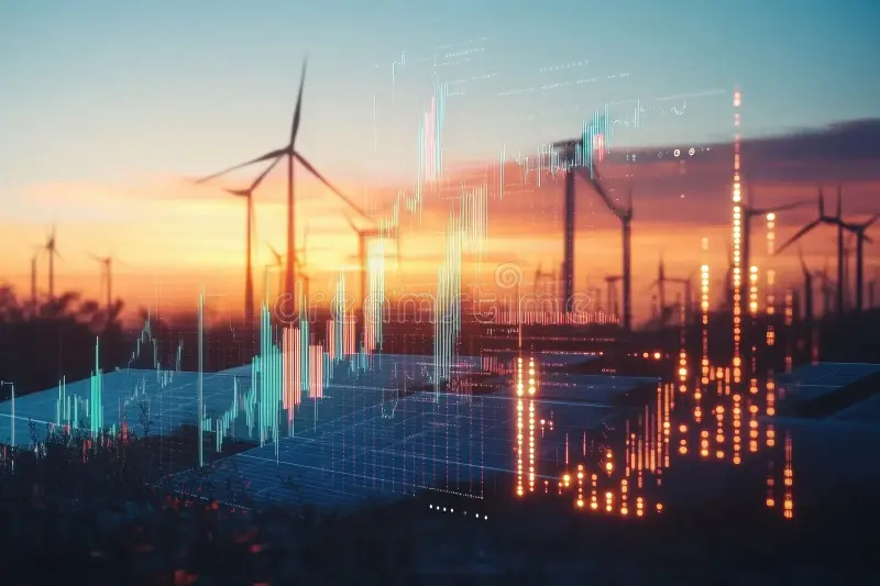 A futuristic cityscape with wind turbines, solar panels, and green spaces, showcasing how sustainable technology innovation is shaping the urban environment.