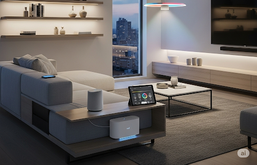 A modern, minimalist living room with integrated smart home devices like an AI assistant and smart lighting, illustrating a connected living space."