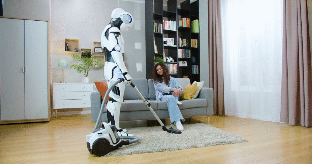 The AI Revolution: Gadgets That Will Transform Your Daily Life in 2025 An intelligent robot vacuum cleaner using AI to map and clean a modern home, a top smart home AI gadget of 2025
