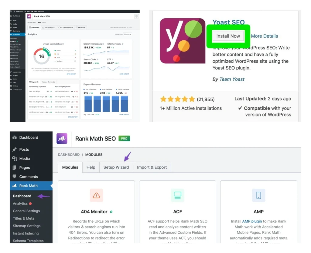 Free vs Premium WordPress Plugins: Are Paid Plugins Worth It? A composite image displaying the Rank Math SEO dashboard, the WordPress plugin installation interface for Yoast SEO, and the Rank Math module setup wizard settings.
