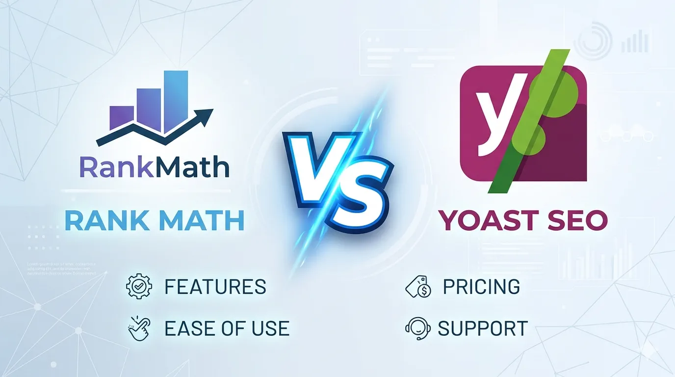 An infographic comparing Rank Math and Yoast SEO plugins, highlighting key areas of evaluation: features, ease of use, pricing, and support.