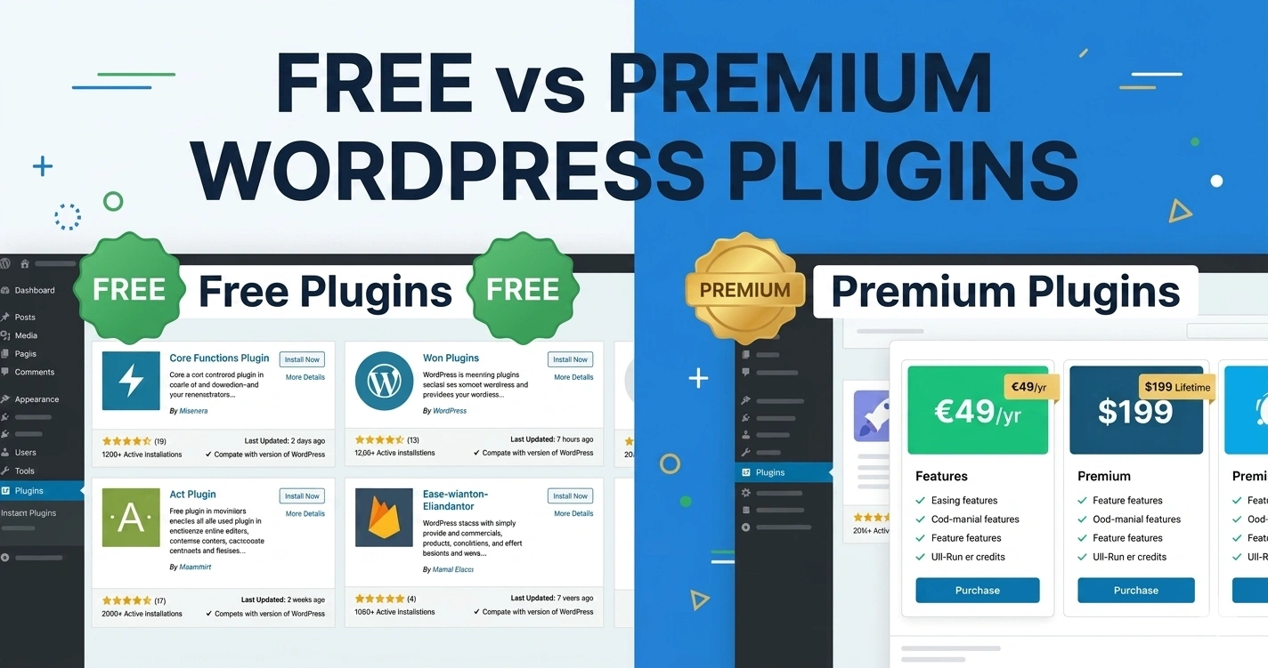 A split-screen graphic comparing free and premium WordPress plugins, highlighting feature sets, costs, and purchasing options for website optimization tools.