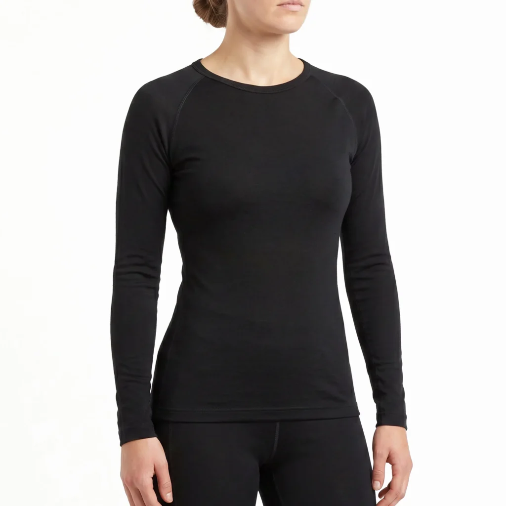 A woman wearing a fitted black long-sleeve crew neck base layer shirt against a plain white background.